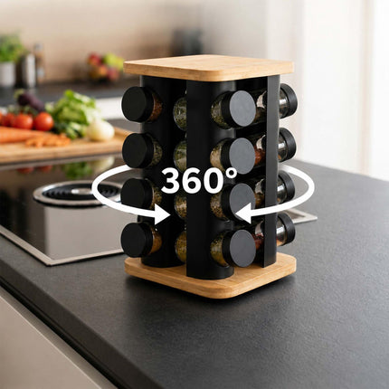 Rotating Spice Carousel with 12 Glass Shaker Jars, Bamboo, Matt Black