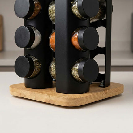 Rotating Spice Carousel with 12 Glass Shaker Jars, Bamboo, Matt Black