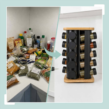 Rotating Spice Carousel with 8 Glass Shaker Jars, Bamboo, Matt Black