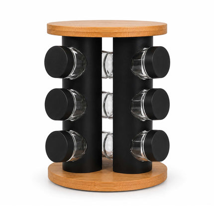 Rotating Spice Rack with 12 Glass Jars and Shaker Inserts, Bamboo, Black