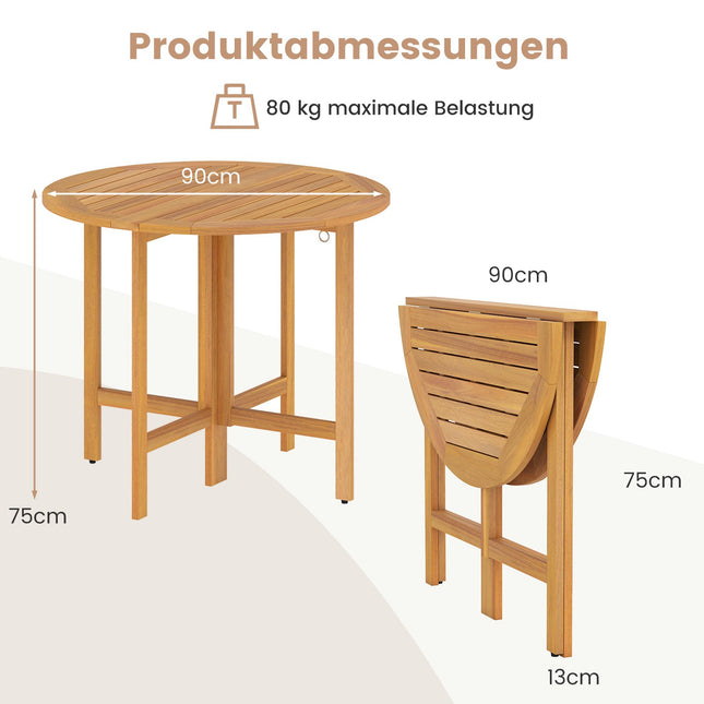Apaļš 90 cm saliekams akācijas koka āra ēdamgalds