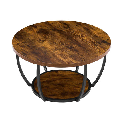 Round Coffee Table, 2-Tier Wood Top, Metal Frame, Brown