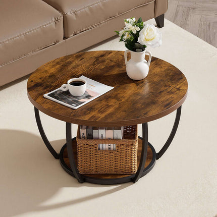Round Coffee Table, 2-Tier Wood Top, Metal Frame, Brown