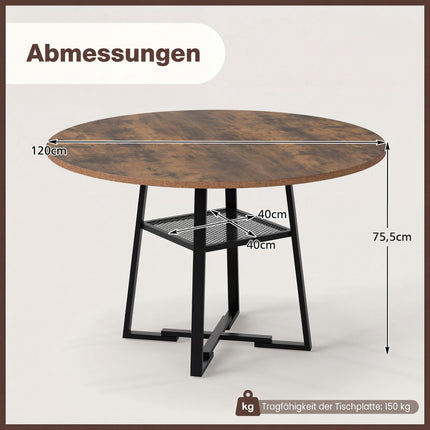 Apaļš ēdamgalds ar plauktu, 4-6 sēdvietas, rustikāli brūns