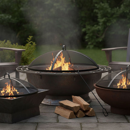 Round Metal Spark Guard for Fire Pits with Poker, 90 cm