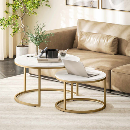 Round Nesting Coffee Tables Set of 2 with Marble-Look Tops, Gold Frame, White