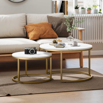 Round Nesting Coffee Tables Set of 2 with Marble-Look Tops, Gold Frame, White
