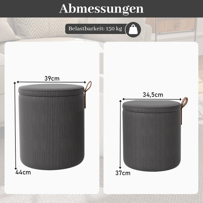 Round Ottoman Set with Storage, Nesting, Corduroy, Gray