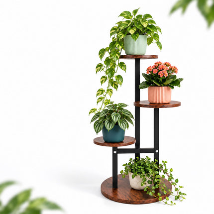 Round Plant Stand with 4 Tiers, Iron and MDF – 53 cm, Dark Brown, Black
