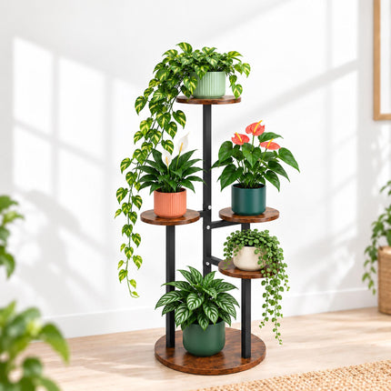 Round Plant Stand with 5 Tiers, Iron and MDF – 80 cm, Dark Brown, Black