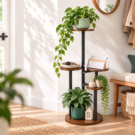 Round Plant Stand with 5 Tiers, Iron and MDF – 80 cm, Dark Brown, Black