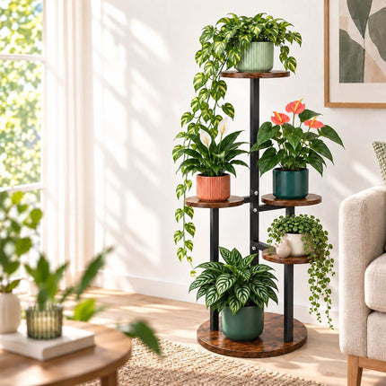 Round Plant Stand with 5 Tiers, Iron and MDF – 80 cm, Dark Brown, Black