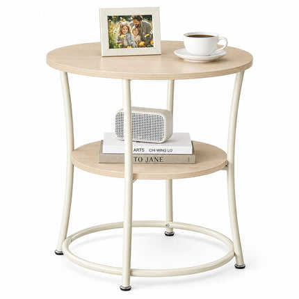 Round Side Table with 2 Shelves and Adjustable Feet, Cream, Light Wood-Effect