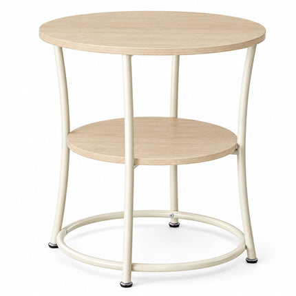 Round Side Table with 2 Shelves and Adjustable Feet, Cream, Light Wood-Effect