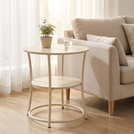 Round Side Table with 2 Shelves and Adjustable Feet, Cream, Light Wood-Effect