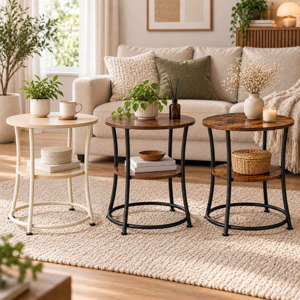Round Side Table with 2 Shelves and Adjustable Feet, Cream, Light Wood-Effect