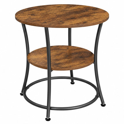 Round Side Table with 2 Shelves and Adjustable Feet, Grey, Rustic Wood-Effect