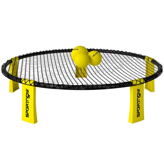 „Roundnet Set“ spēļu komplekts ar spēļu tīklu, 3 bumbiņām, pārnēsāšanas somu un bumbu sūkni, Ø92 x 20 cm, dzeltens