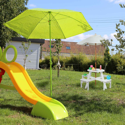 Apaļa bērnu atpūtas zona no koka ar saulessargu