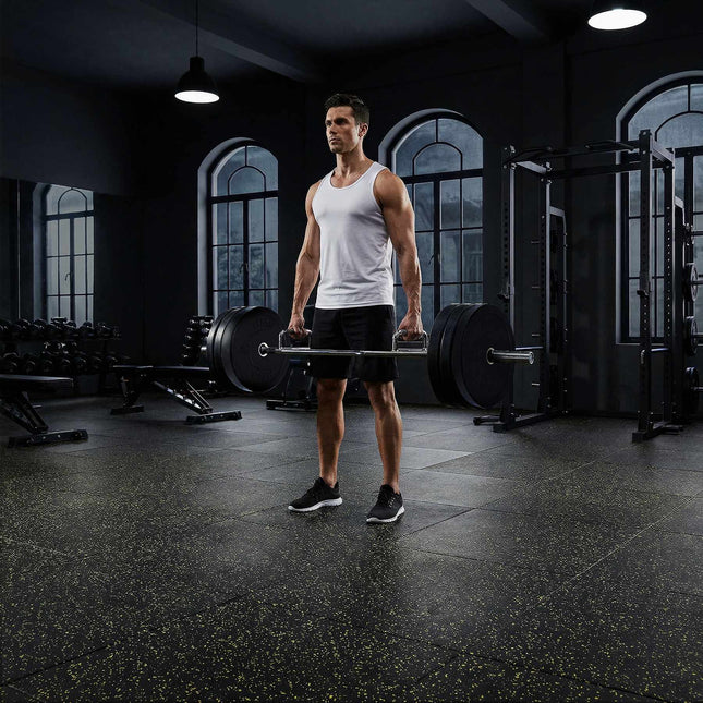 Gumijas sporta zāles grīdas segums, 35 mm melns/dzeltens, 1x1m, triecienus absorbējošs