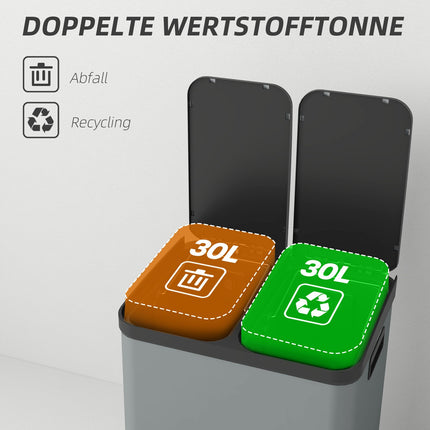 Atkritumu tvertne 2x30L pedāļa atkritumu tvertne kosmētikas atkritumu tvertne ar vāku un kājas pedāli, metāla atkritumu tvertne ar iekšējo tvertni viesistabai un birojam, 48,8x39,5x67cm