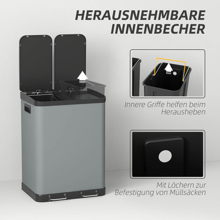 Atkritumu tvertne 2x30L pedāļa atkritumu tvertne kosmētikas atkritumu tvertne ar vāku un kājas pedāli, metāla atkritumu tvertne ar iekšējo tvertni viesistabai un birojam, 48,8x39,5x67cm