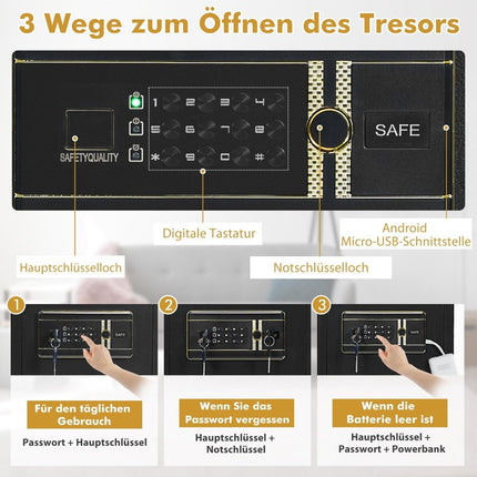 Seifs, elektronisks seifa skapis ar digitālo tastatūru, 45 l, seifs, 36 x 31 x 41 cm, melns