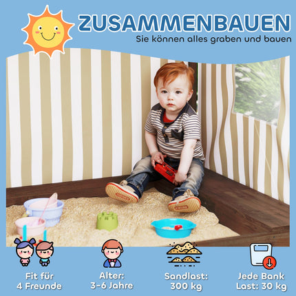 Smilšu kaste ar nojumi un sieta durvīm, 142 x 101,5 cm koka smilšu kaste ar soliņu, uzglabāšanas vietu, grīdas aizsardzību, 4 bērniem 3-6 gadi, brūna