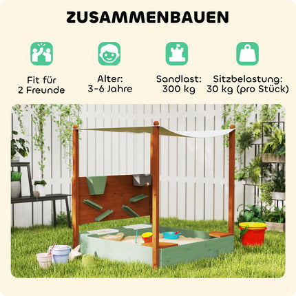 Smilšu kaste ar jumtu, 116 x 112,5 cm koka smilšu kaste ar sēdekli, 2 konteineri, smilšu un ūdens rotaļlietas, spainis ar krānu 3-6 gadu bērniem, zaļa