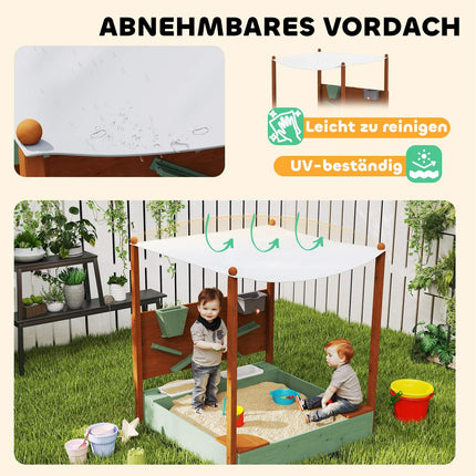 Smilšu kaste ar jumtu, 116 x 112,5 cm koka smilšu kaste ar sēdekli, 2 konteineri, smilšu un ūdens rotaļlietas, spainis ar krānu 3-6 gadu bērniem, zaļa