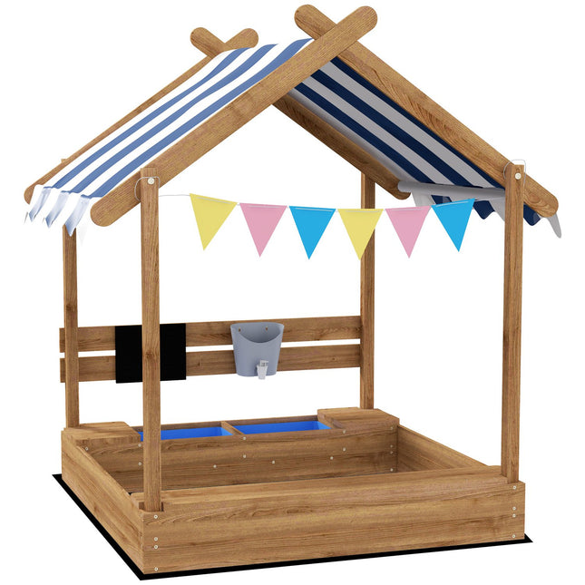 Smilšu kaste ar jumtu, koka smilšu kaste ar sēdekli un dēli, 3-7 gadiem, 124x116x146cm, dārza rotaļu mājiņa, brūna