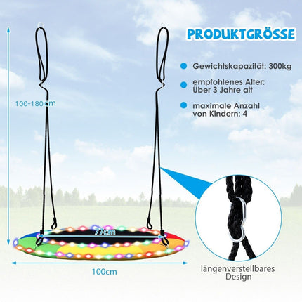 Šūpoles ar apakštasīti, kuru diametrs ir 100 cm, var izturēt svaru līdz 300 kg. LED šūpoles bērniem un pieaugušajiem varavīksnes krāsās.
