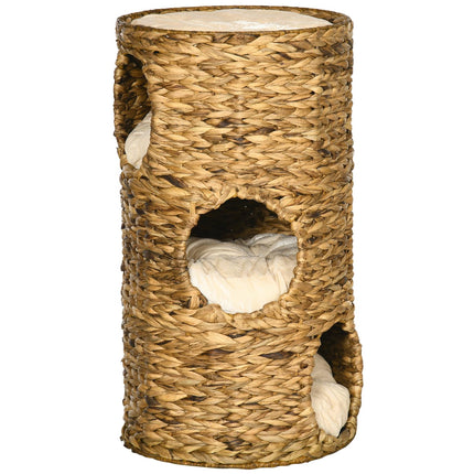 Asināšanas muca kaķu tornis 73 cm, 3 līmeņu spilvens, ūdens hiacinte, tērauds, gaiši brūns