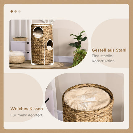 Asināšanas muca kaķu tornis 73 cm, 3 līmeņu spilvens, ūdens hiacinte, tērauds, gaiši brūns