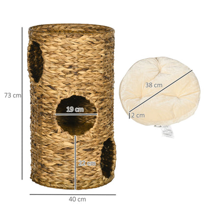 Asināšanas muca kaķu tornis 73 cm, 3 līmeņu spilvens, ūdens hiacinte, tērauds, gaiši brūns