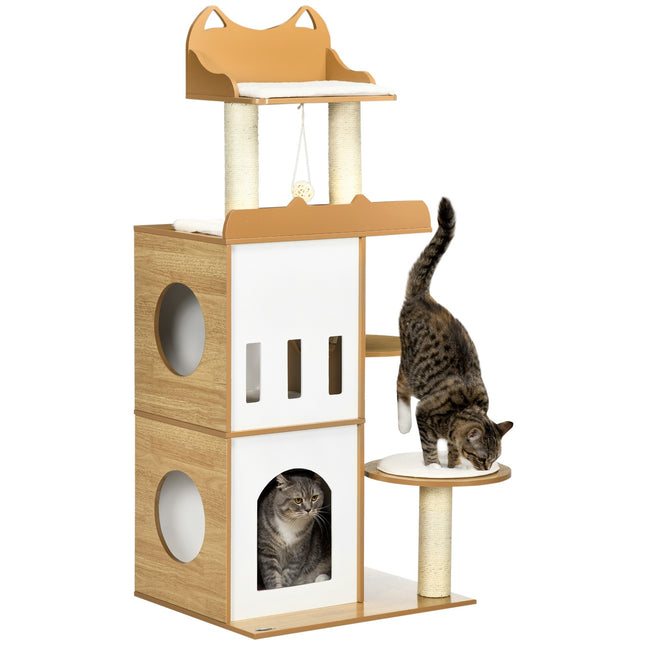 Cat tree with caves & play ball, 133 cm Oak & White