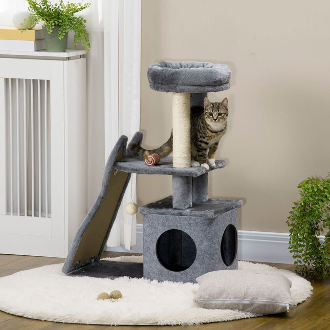 Kaķu māja ar skrāpējamo dēli, 83 cm, kāpšanas koks ar platformām un rampu, kaķu rotaļlieta, pelēka+krēmbalta