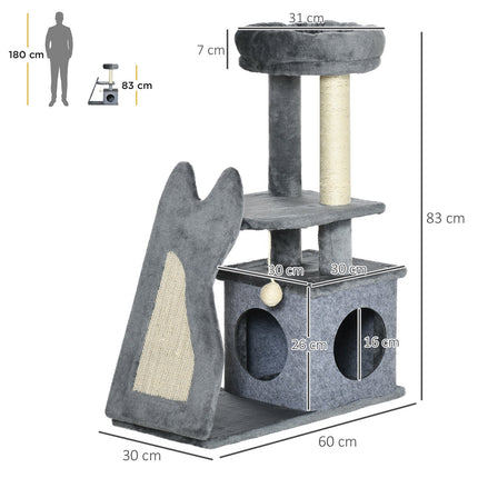 Kaķu māja ar skrāpējamo dēli, 83 cm, kāpšanas koks ar platformām un rampu, kaķu rotaļlieta, pelēka+krēmbalta