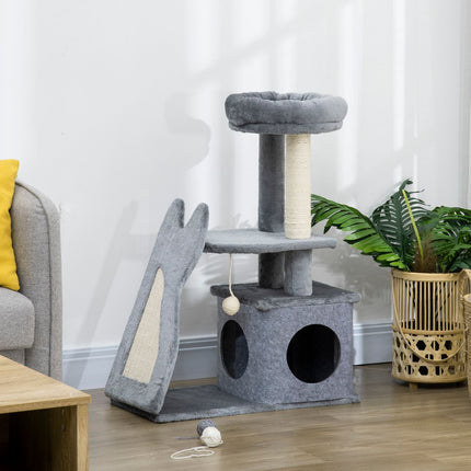Kaķu māja ar skrāpējamo dēli, 83 cm, kāpšanas koks ar platformām un rampu, kaķu rotaļlieta, pelēka+krēmbalta