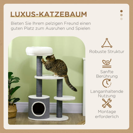 Kaķu māja ar skrāpējamo stabu, 98 cm, stabila, ar skrāpējamo dēli un kaķu alu, 3 platformas, kaķu mēbeles pelēkā un baltā krāsā
