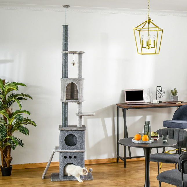 Kaķu koks ar asināšanas stabu, griestu augstumu, kāpšanas koks ar kaķu rotaļlietām, sizala plīša, gaiši pelēks, regulējams augstums, 60 x 40 x 225-255 cm