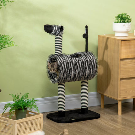Asināšanas stabs, kaķu koks, zebras dizains, kāpšanas tunelis, džutas stabs, melns + balts, 93 cm