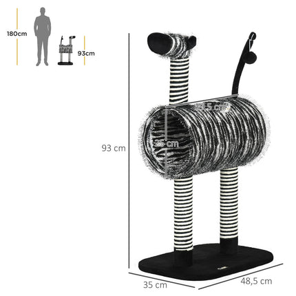 Asināšanas stabs, kaķu koks, zebras dizains, kāpšanas tunelis, džutas stabs, melns + balts, 93 cm