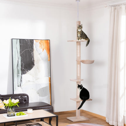 Kaķu māja ar regulējamu augstumu, bēša krāsa, kāpelēšanai un skrāpēšanai, 40x34x230-260 cm