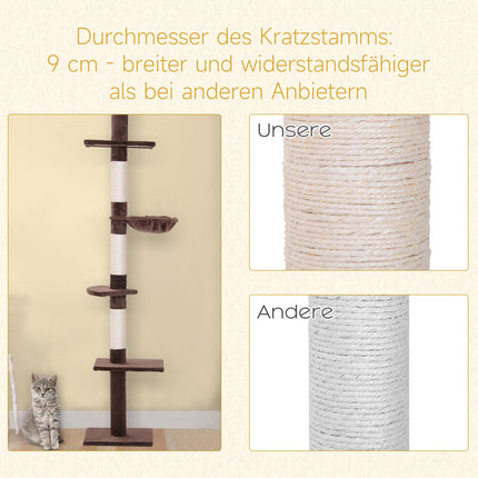 Kaķu māja ar regulējamu augstumu, brūna, pie griestiem, kāpelēšanai un skrāpēšanai, 40x34x230-260 cm