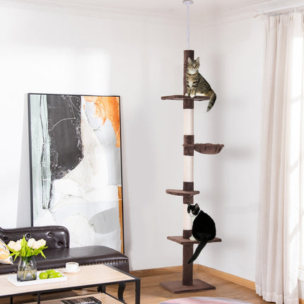 Kaķu māja ar regulējamu augstumu, brūna, pie griestiem, kāpelēšanai un skrāpēšanai, 40x34x230-260 cm