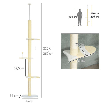 Skrāpējamais stabs, kaķu skrāpējamais stabs ar griestu augstumu, 220-260 cm, kāpšanas koks ar rotaļu bumbu, kaķu koka augstums regulējams, rotaļu koks ar uzgaļa aizsardzību, plīša, dzeltena