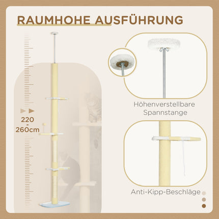 Skrāpējamais stabs, kaķu skrāpējamais stabs ar griestu augstumu, 220-260 cm, kāpšanas koks ar rotaļu bumbu, kaķu koka augstums regulējams, rotaļu koks ar uzgaļa aizsardzību, plīša, dzeltena