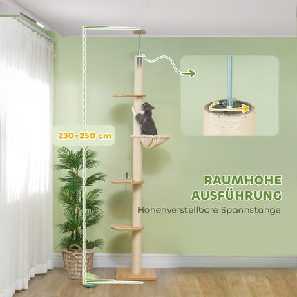 Skrāpējamais stabs, kaķu skrāpējamais stabs ar griestu augstumu, 230-250 cm, kāpšanas koks ar šūpuļtīklu, kaķu koka augstums regulējams, rotaļu koks ar uzgaļa aizsardzību, plīša, ozols + krēmbalts