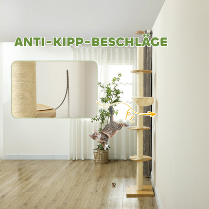 Skrāpējamais stabs, kaķu skrāpējamais stabs ar griestu augstumu, 230-250 cm, kāpšanas koks ar šūpuļtīklu, kaķu koka augstums regulējams, rotaļu koks ar uzgaļa aizsardzību, plīša, ozols + krēmbalts